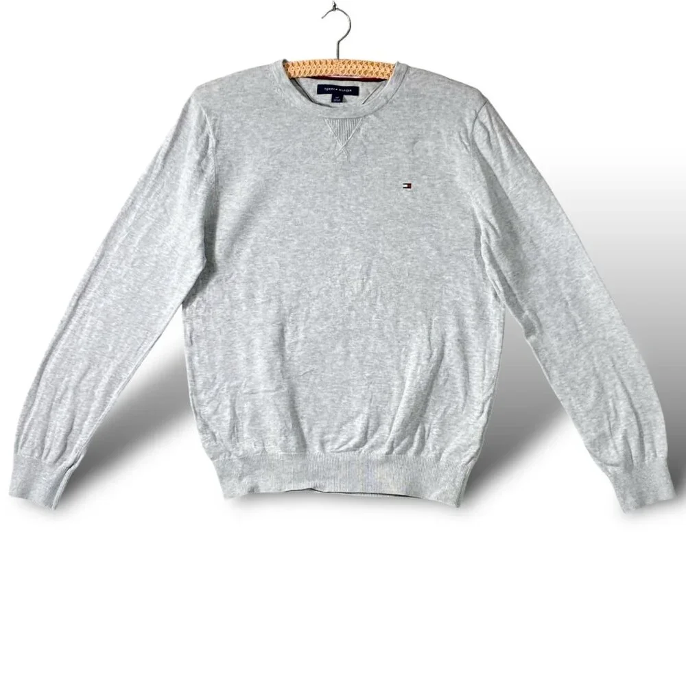 Tommy Hilfiger Knit Sweater Mens S Light Grey Crewneck Premium Cotton Pullover